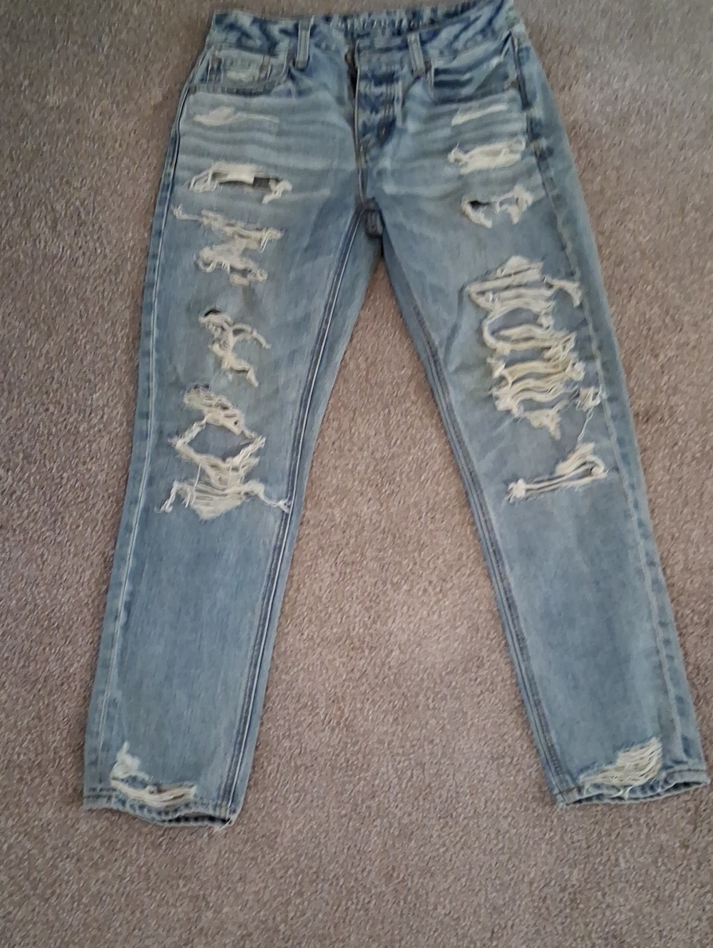 American Eagle Outfitters Slim Button Fly Ripped Light Blue Jeans 0